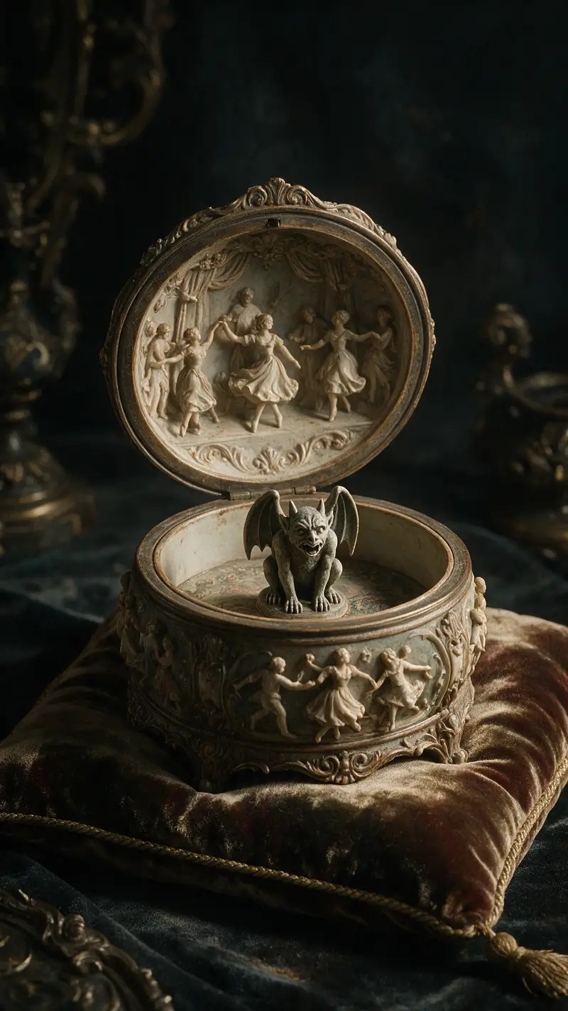 Antique music box with preserved gargoyle in soft light