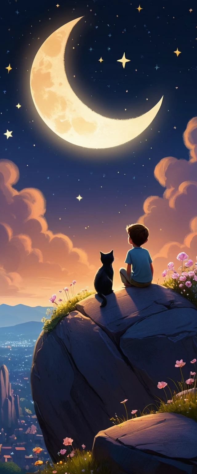 빛나는 달 아래 바위 위에 앉은 아이와 고양이