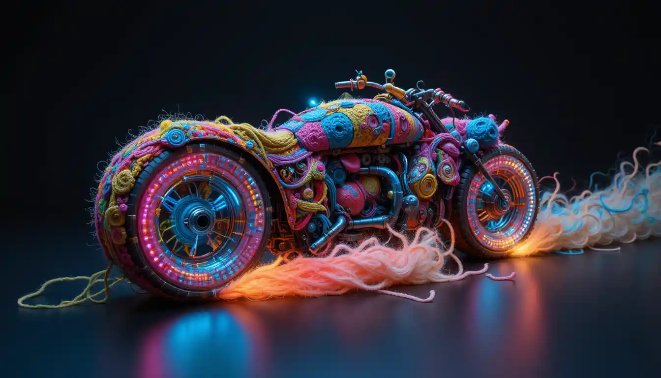 Futuristic yarn motorcycle with glowing neon fiber trails