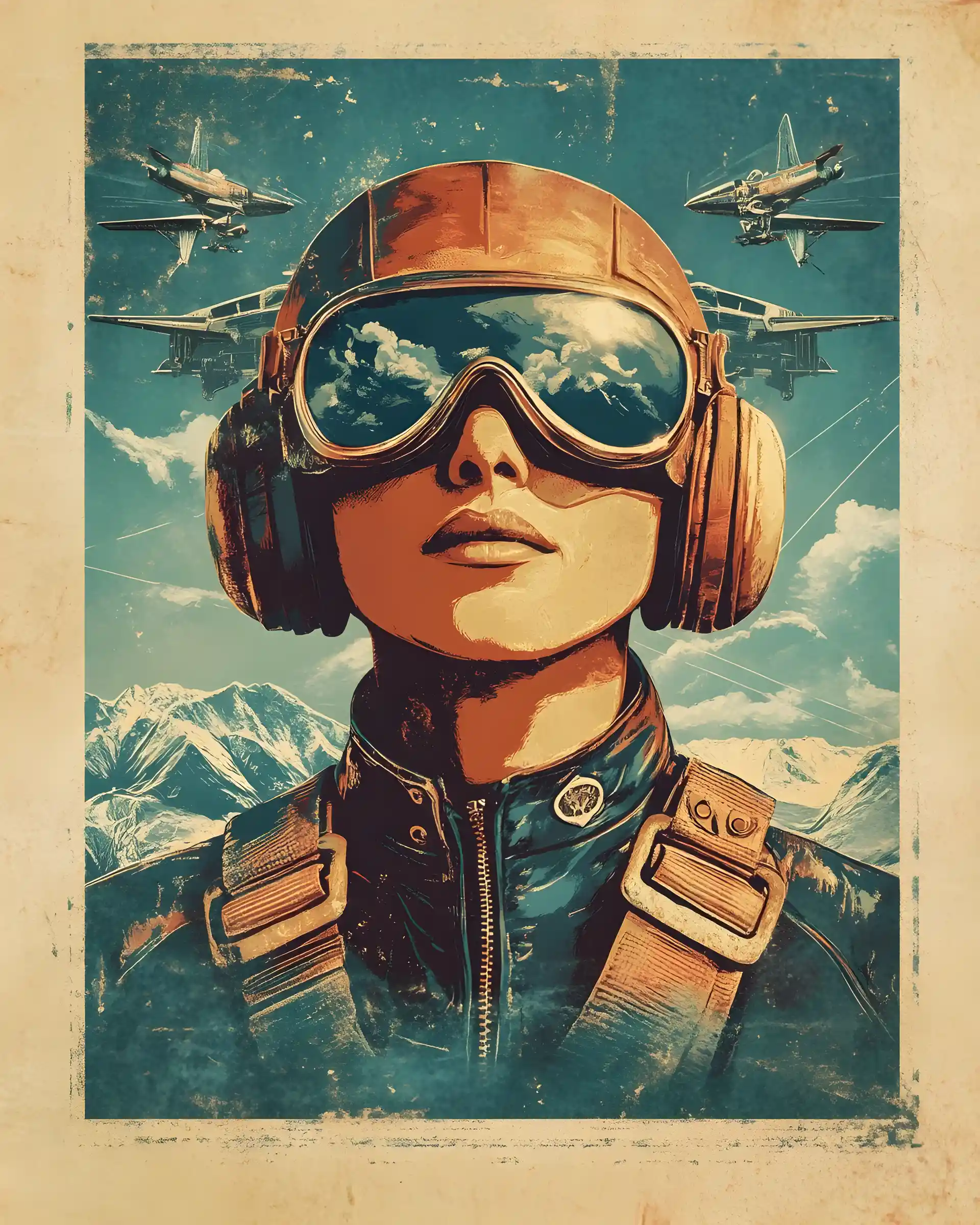 Heroic retro pilot portrait in vintage propaganda style