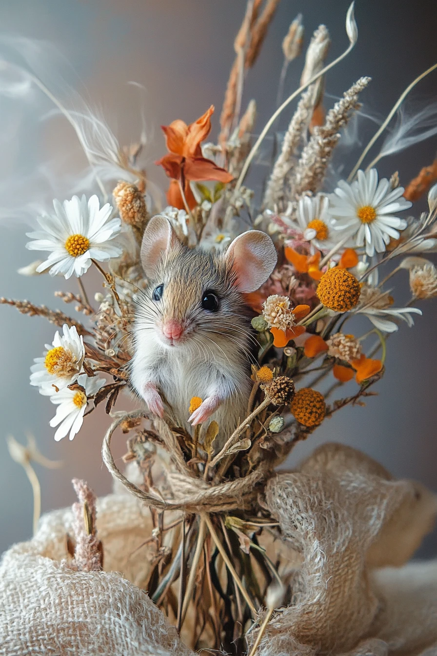 Tiny mouse beside a wildflower bouquet in soft misty light