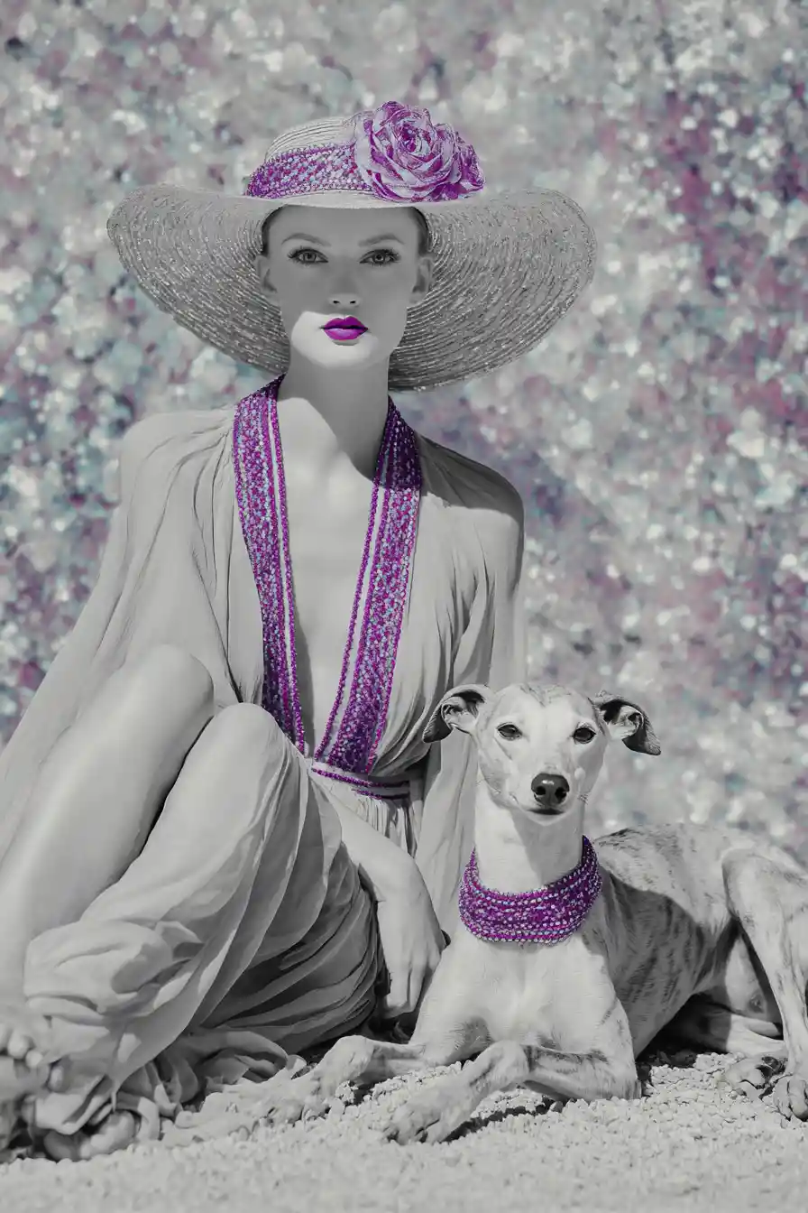 Elegant woman in violet trimmed dress with dog companion