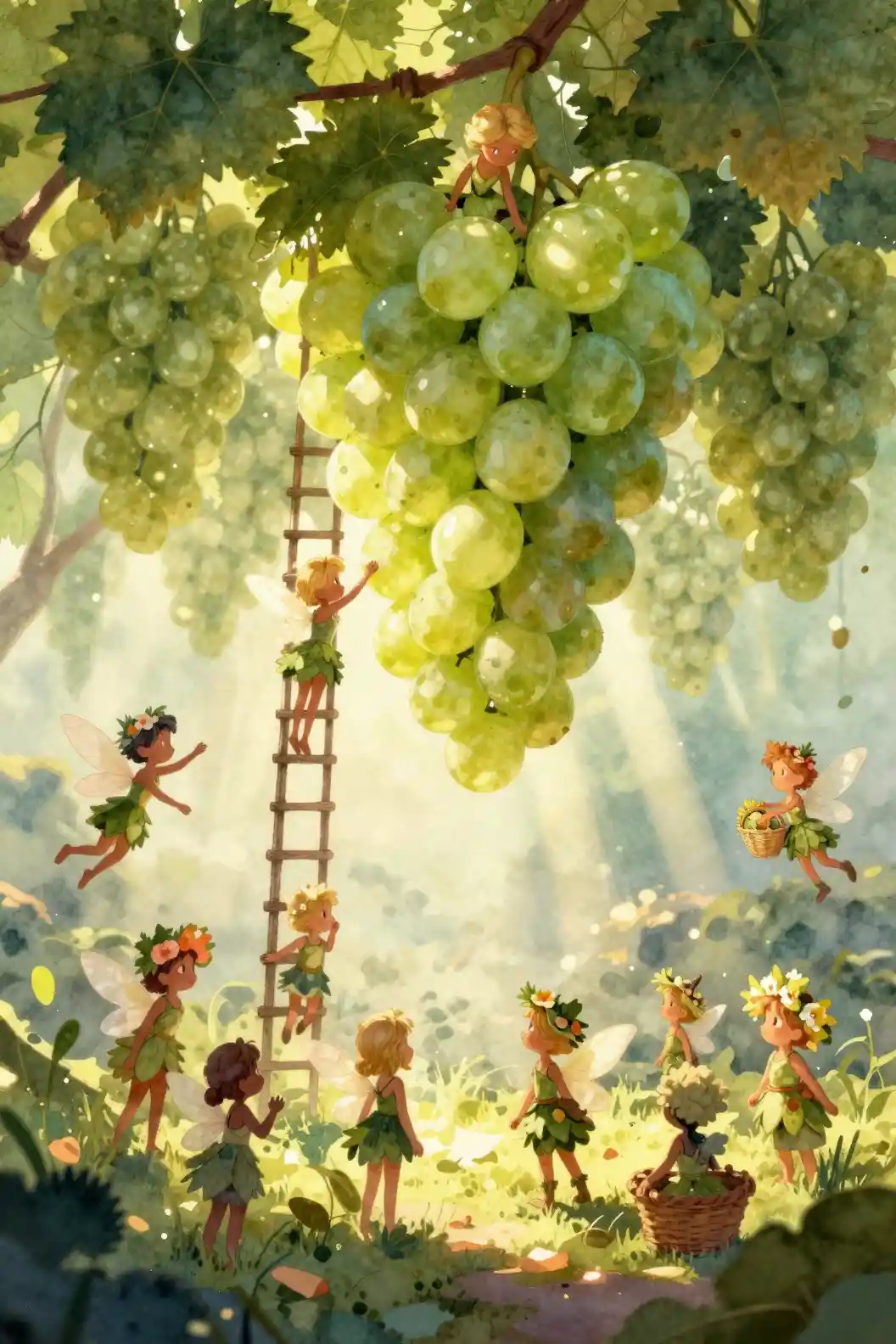 Tiny fairies harvesting giant luminous grapes at golden hour
