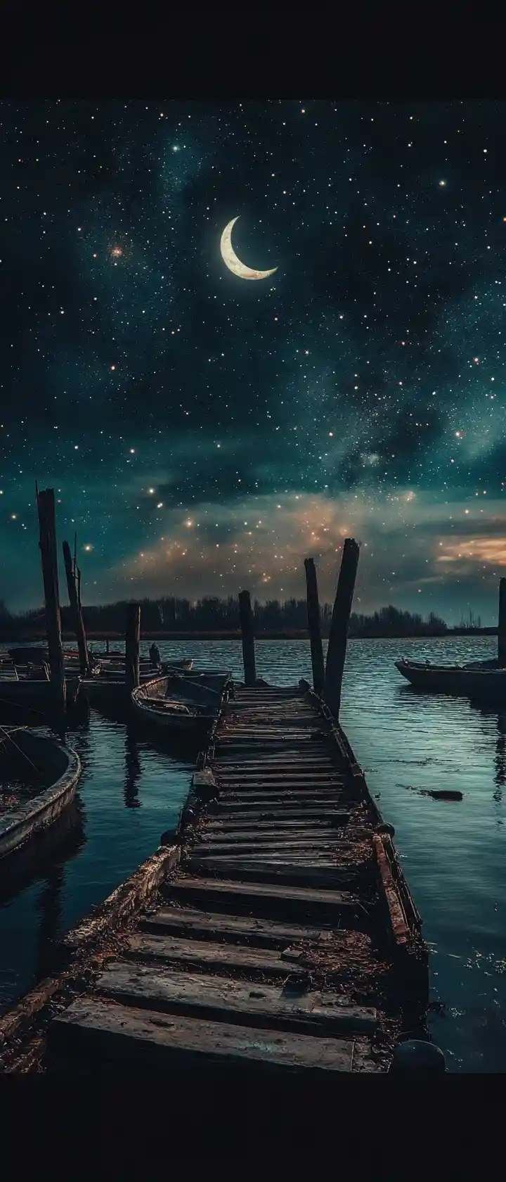 Abandoned Pier Beside A Moonlit Harbor Under Starry Sky