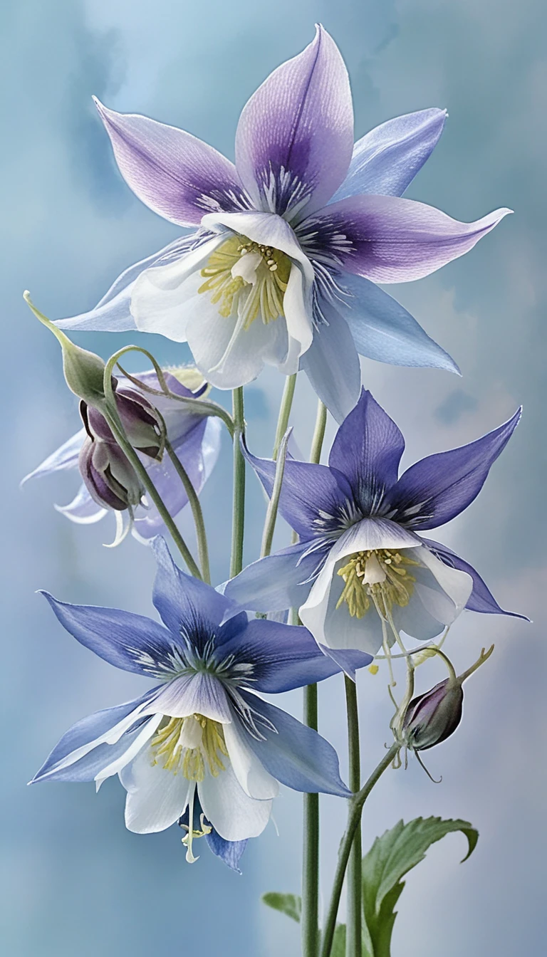 Flores de Aquilégia em Contraluz em Composição Flat Lay High Key