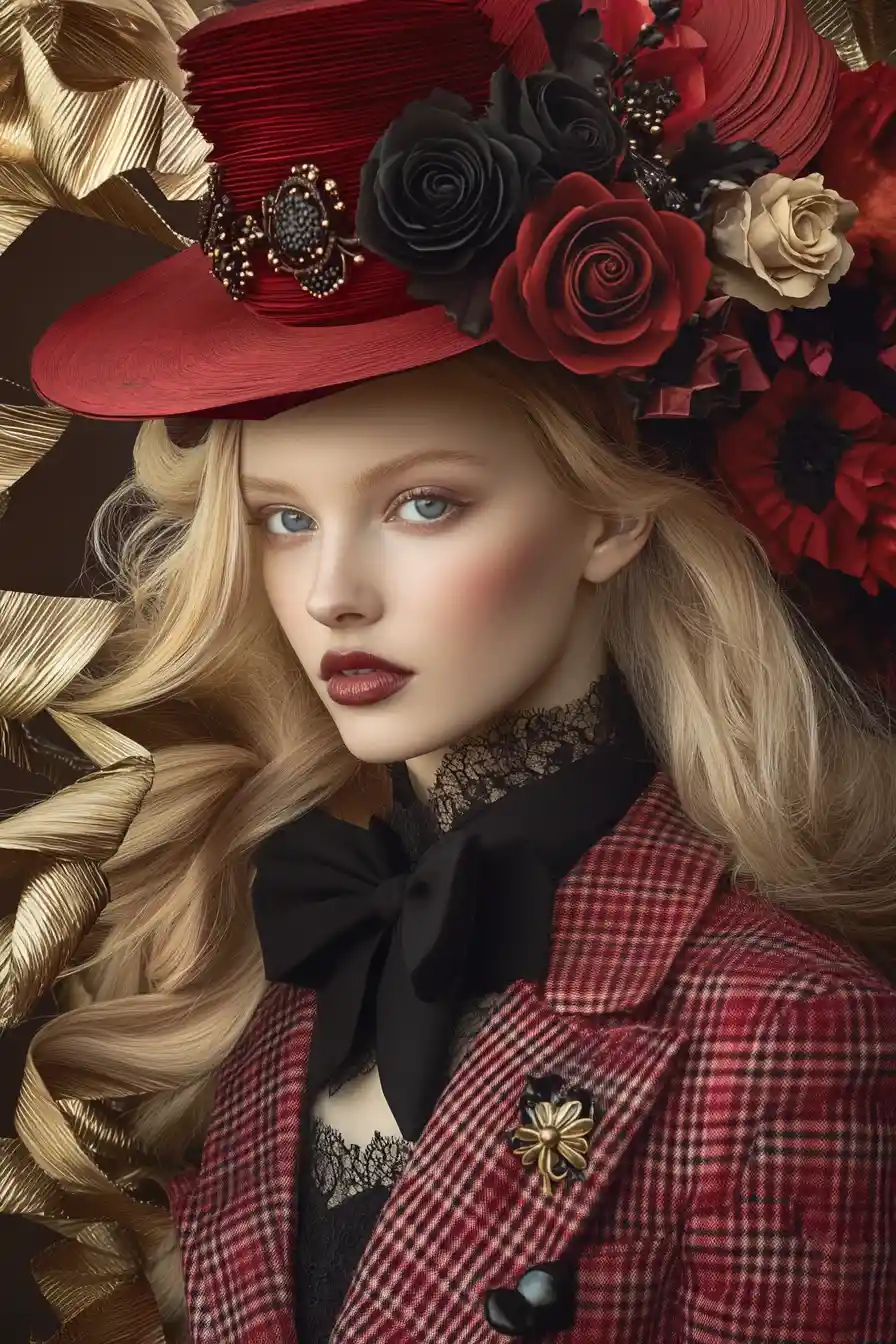 Surreal fashion portrait of a woman in ornate red hat