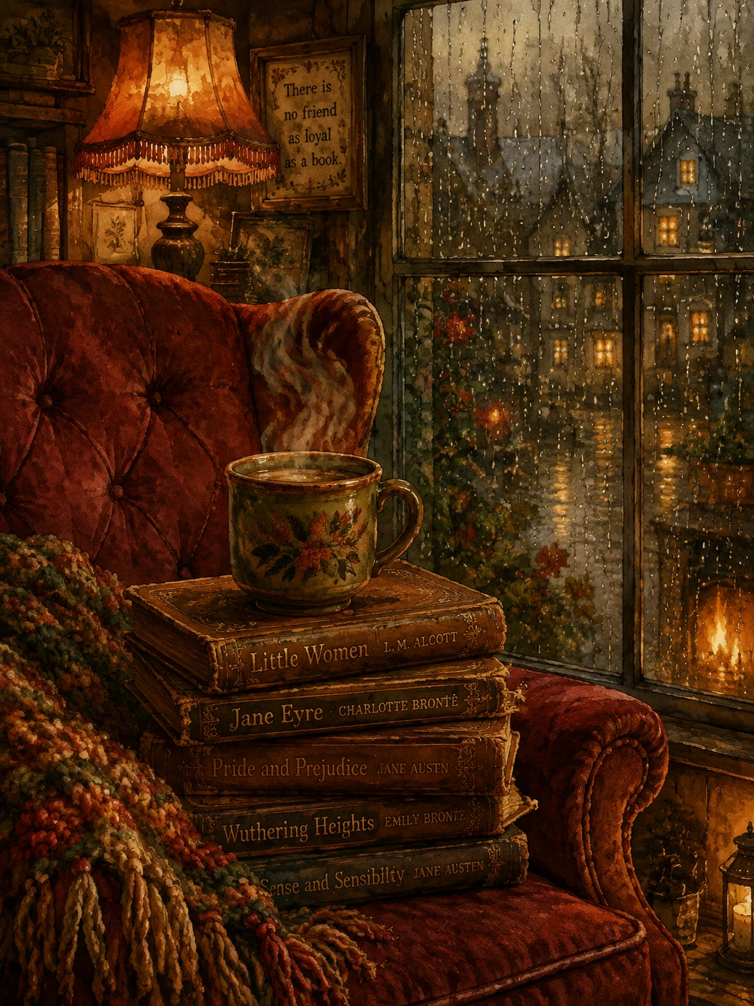 Cozy armchair by a rainy window with warm lamplight