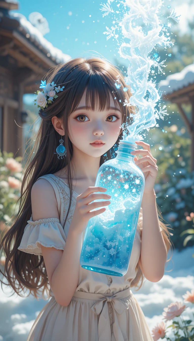 Garota de anime se refrescando com uma garrafa mágica de inverno
