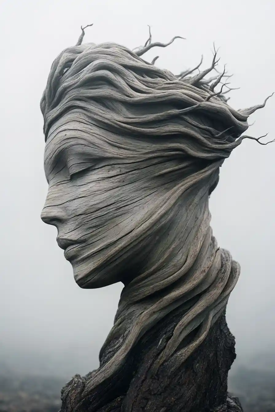 Driftwood woman profile sculpture in a foggy barren forest