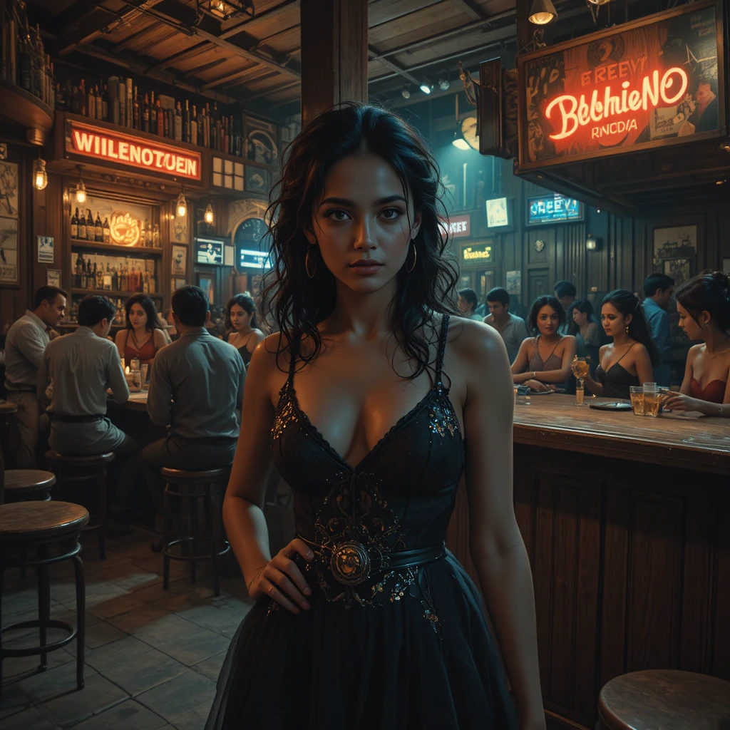 Giovane ragazza che lavora in silenzio in un bar in penombra