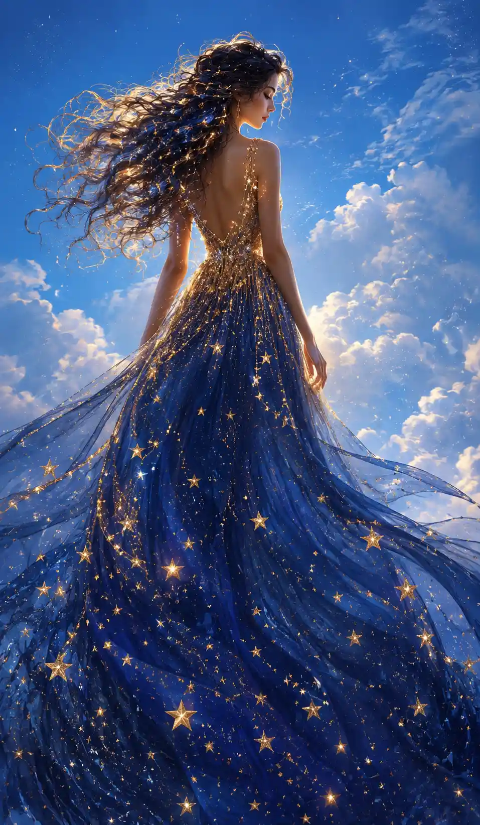 Woman In Starry Gold And Blue Dress Against Blue Sky