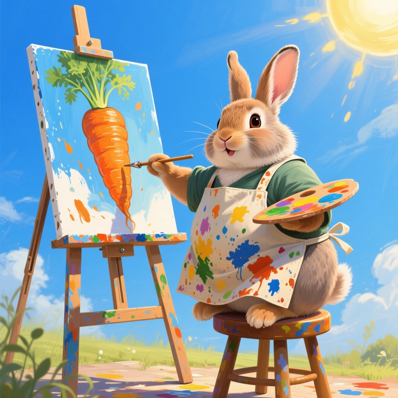 Rabbit artist painting a giant carrot on an easel