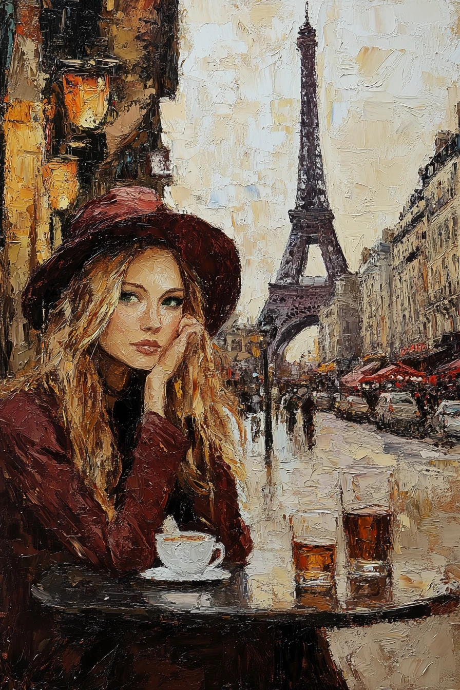 Mulher de vermelho em café parisiense com a Torre Eiffel
