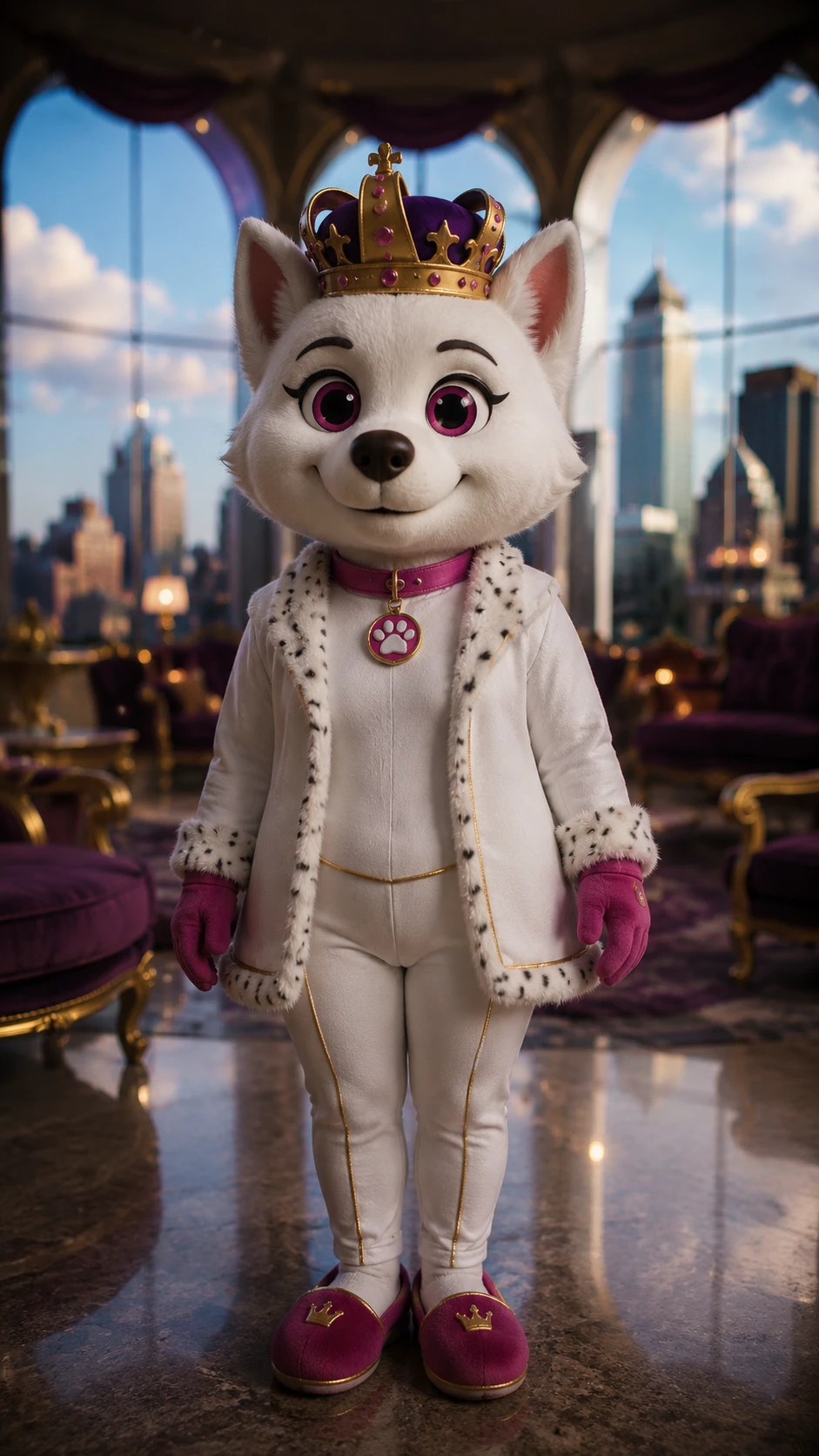 Dog mascot princess standing upright in regal white outfit