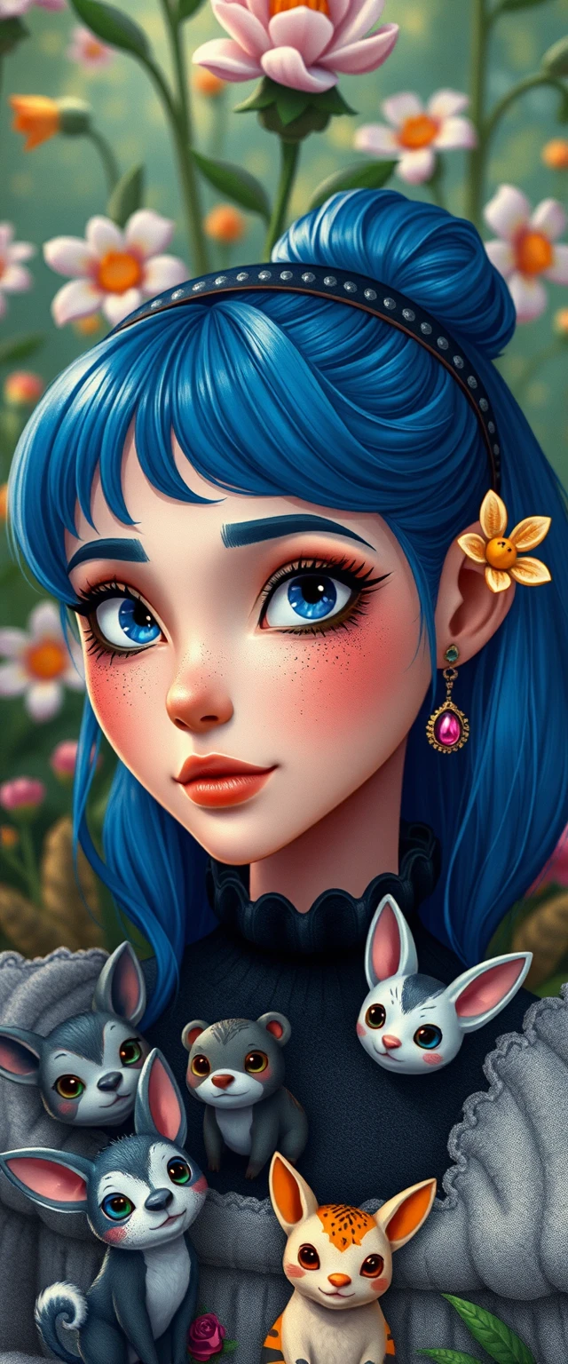 Garota de cabelo azul em um jardim de fantasia dos sonhos com animais