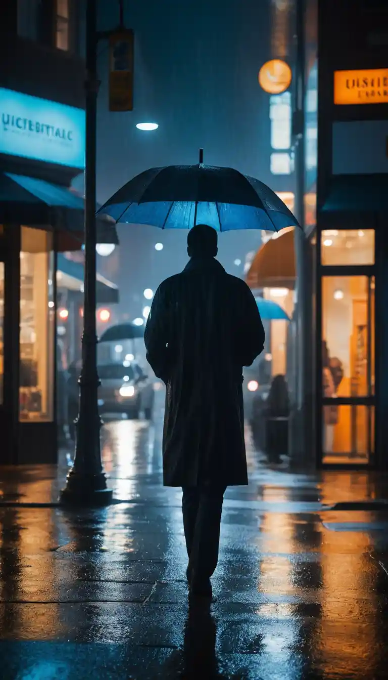 Einsame Gestalt mit Regenschirm in nächtlicher, verregneter Stadtstraße