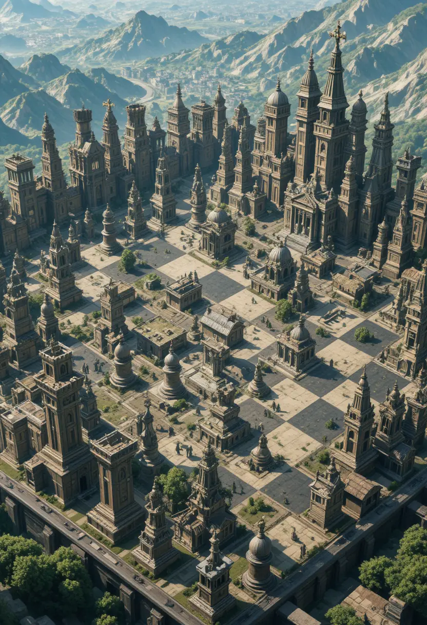 Fantasy civilization built across a colossal chessboard world