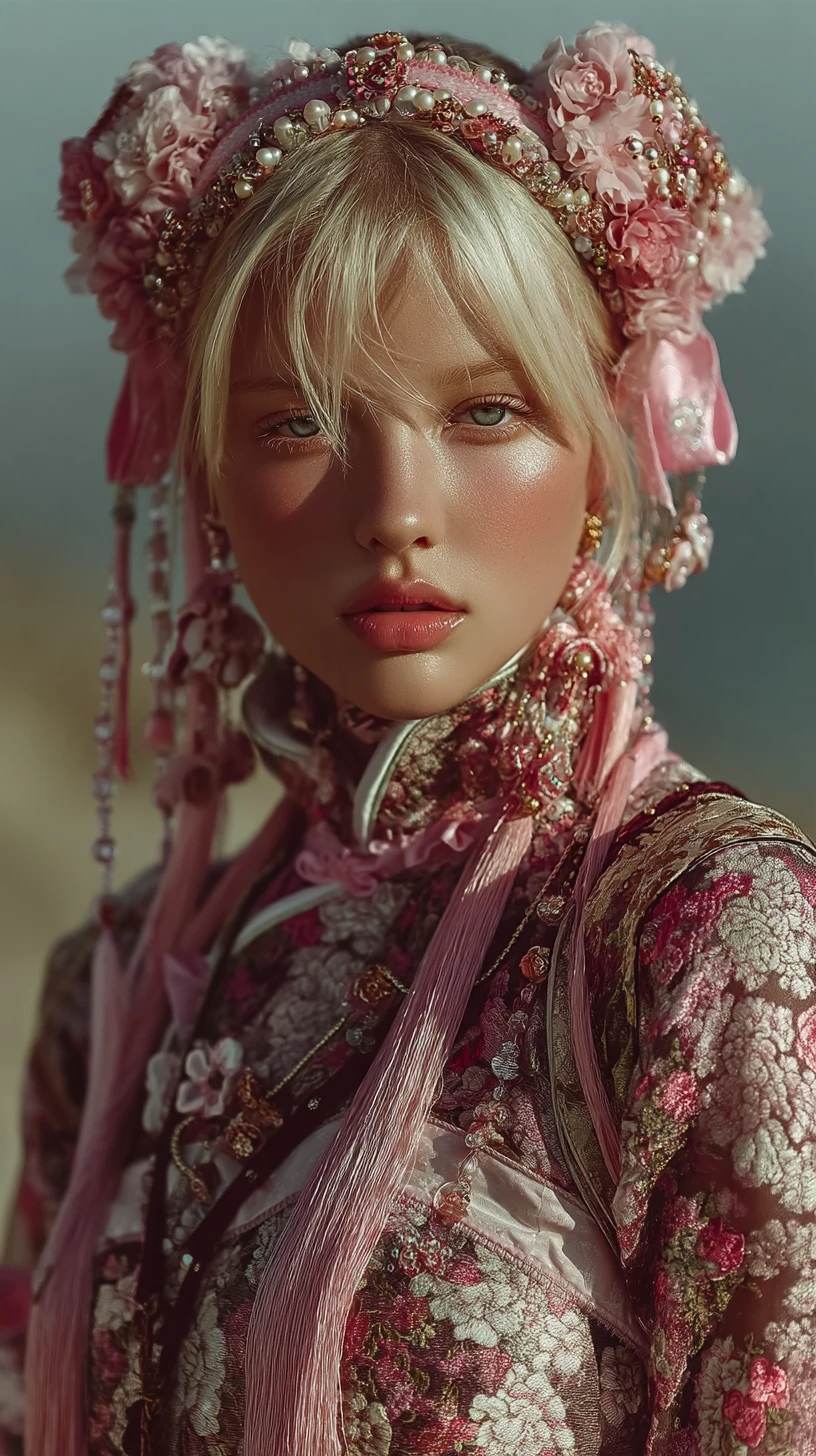 Donna mitica in hanfu ricamato con copricapo floreale