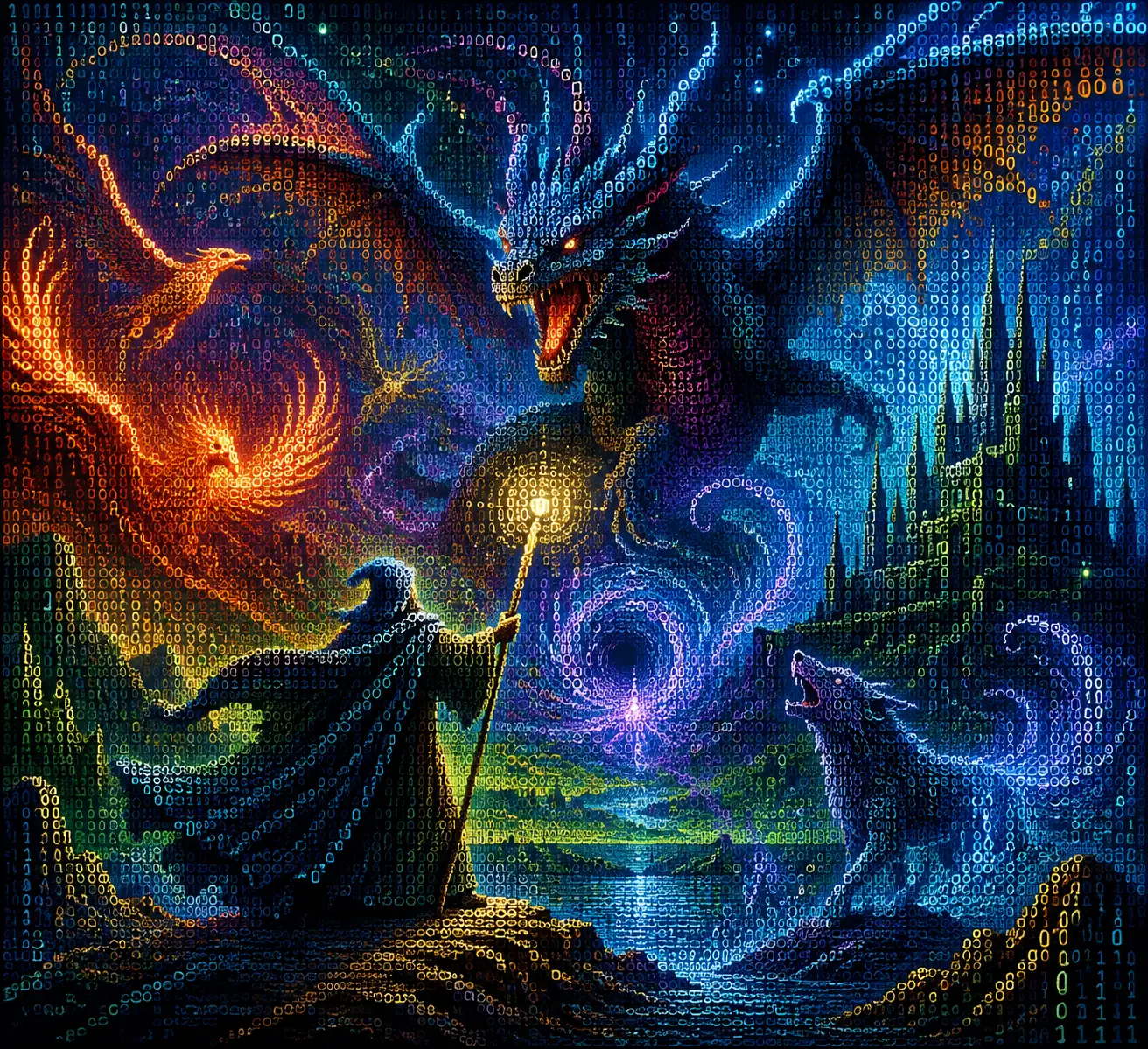 Personaggi fantasy epici formati da codice binario colorato