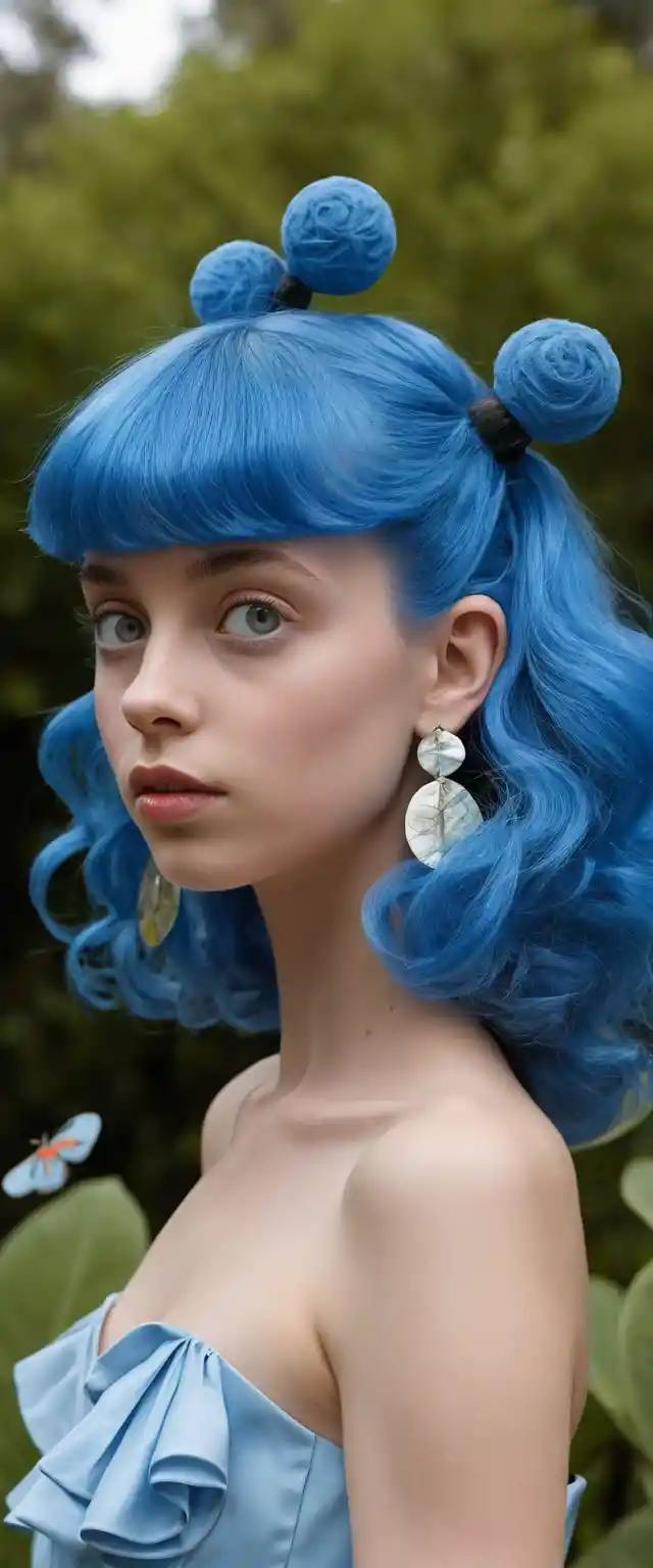 Blue haired girl in a dreamy fantasy garden with animals