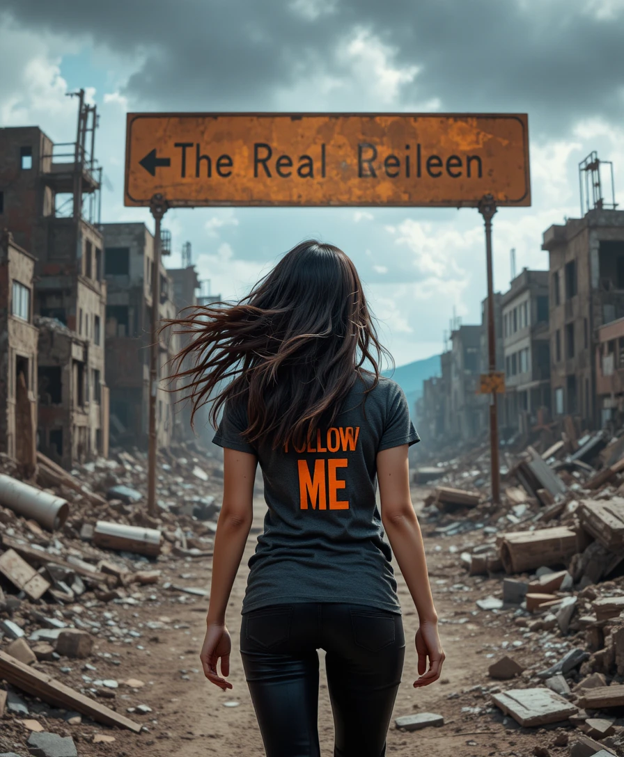 Mulher caminhando embora em cidade arruinada com camisa FOLLOW ME