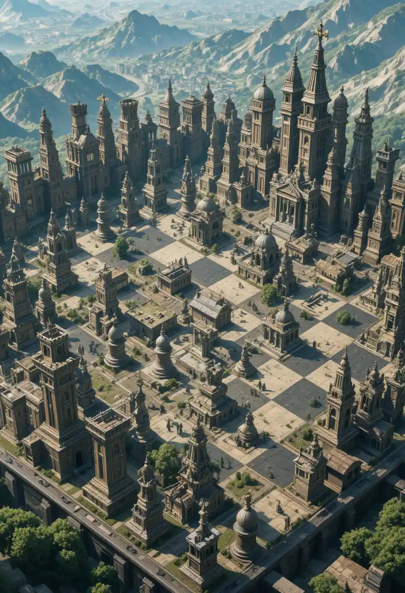 Fantasy civilization built across a colossal chessboard world