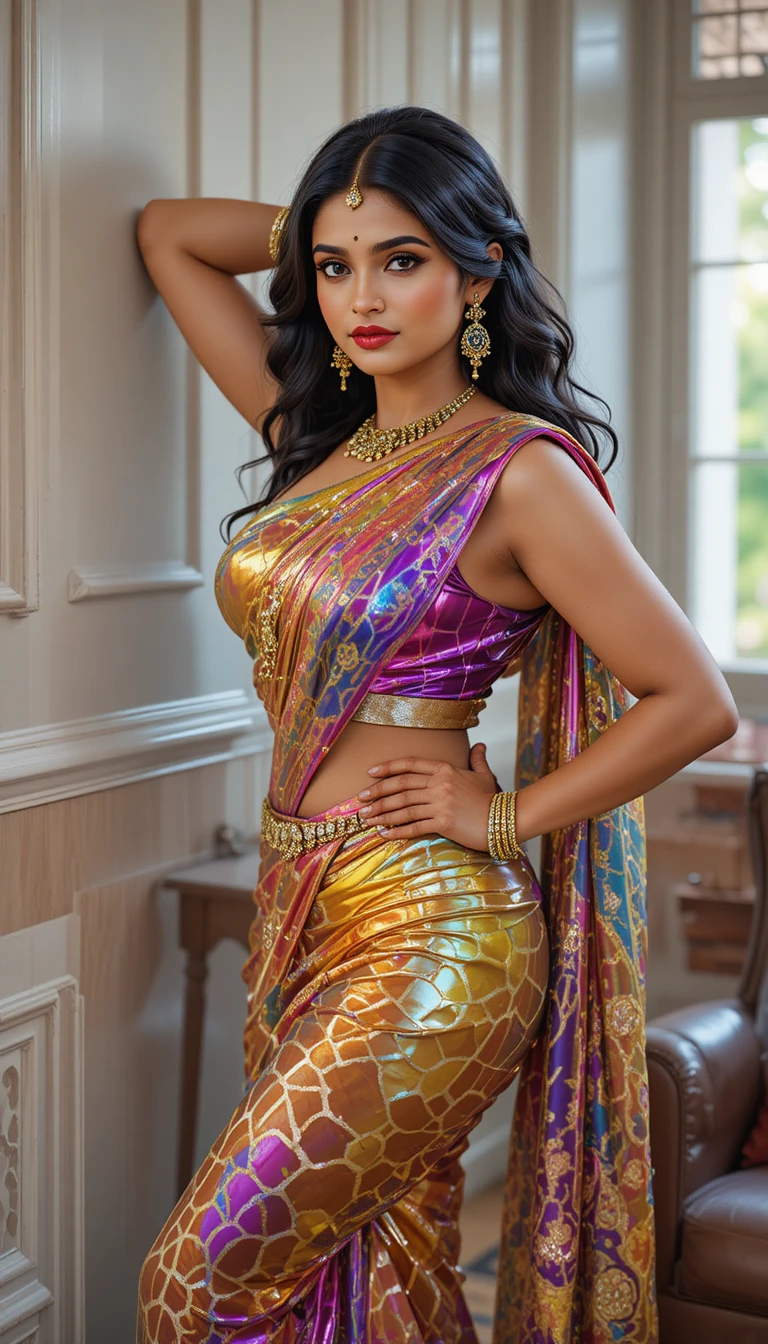 Mulher tâmil em saree reflexivo curvando-se em pose graciosa