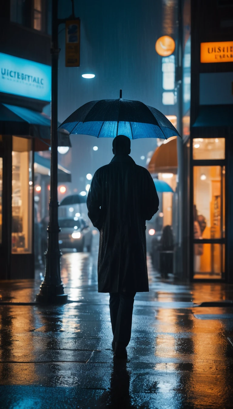 Figura solitária com guarda-chuva em rua da cidade numa noite chuvosa