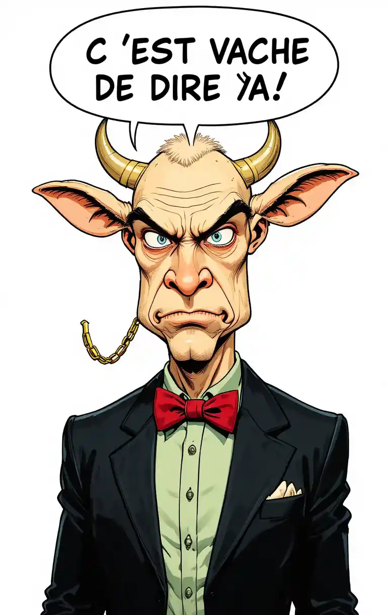Satirical half man half cow comic portrait with speech bubble