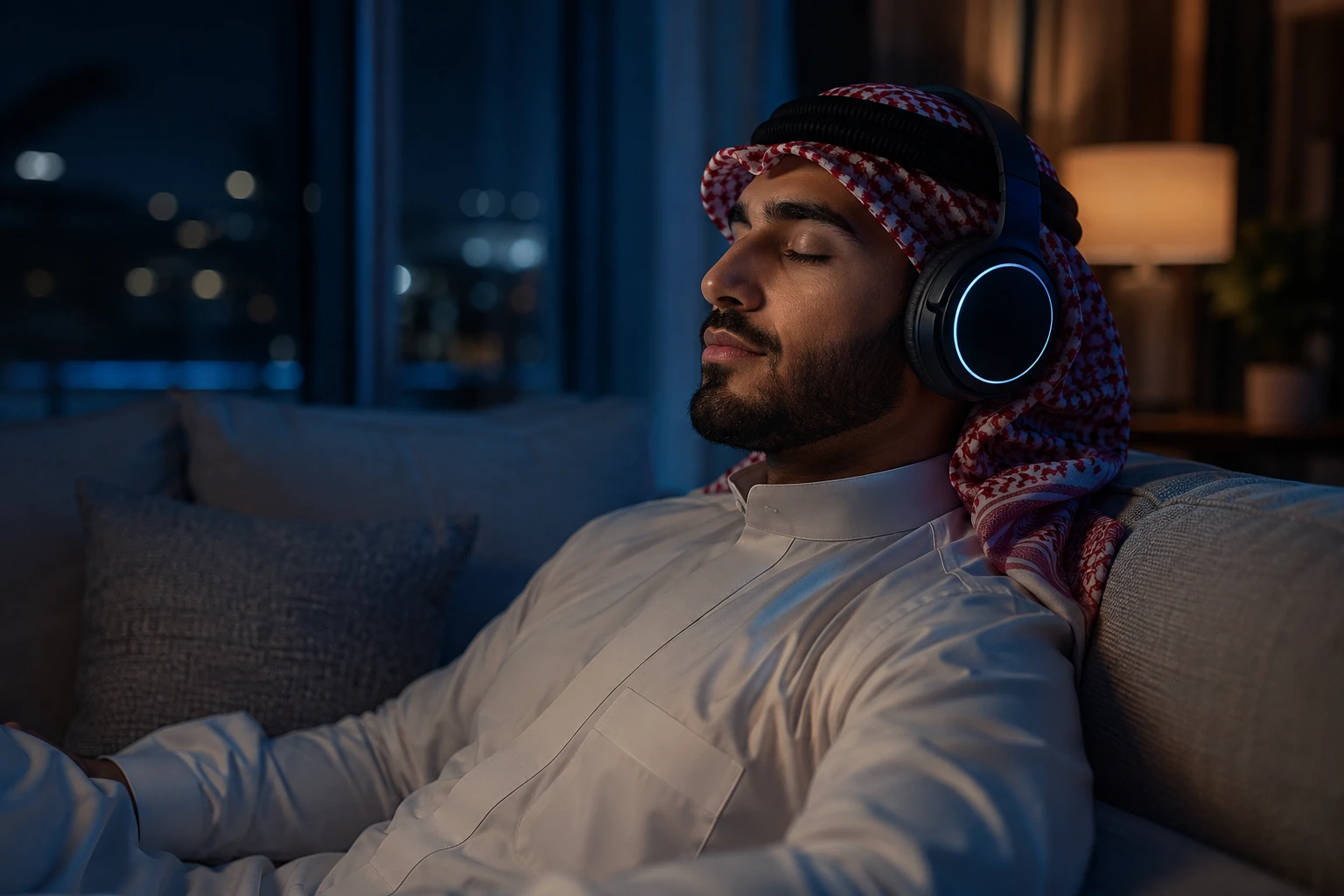 Homem do Oriente Médio relaxando com fones de ouvido no sofá à noite