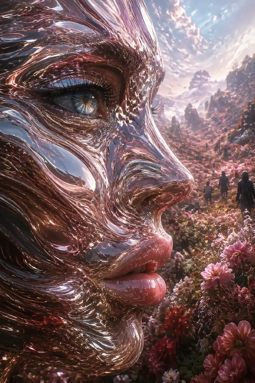 Surreal chrome female face beside distant figures in flowers