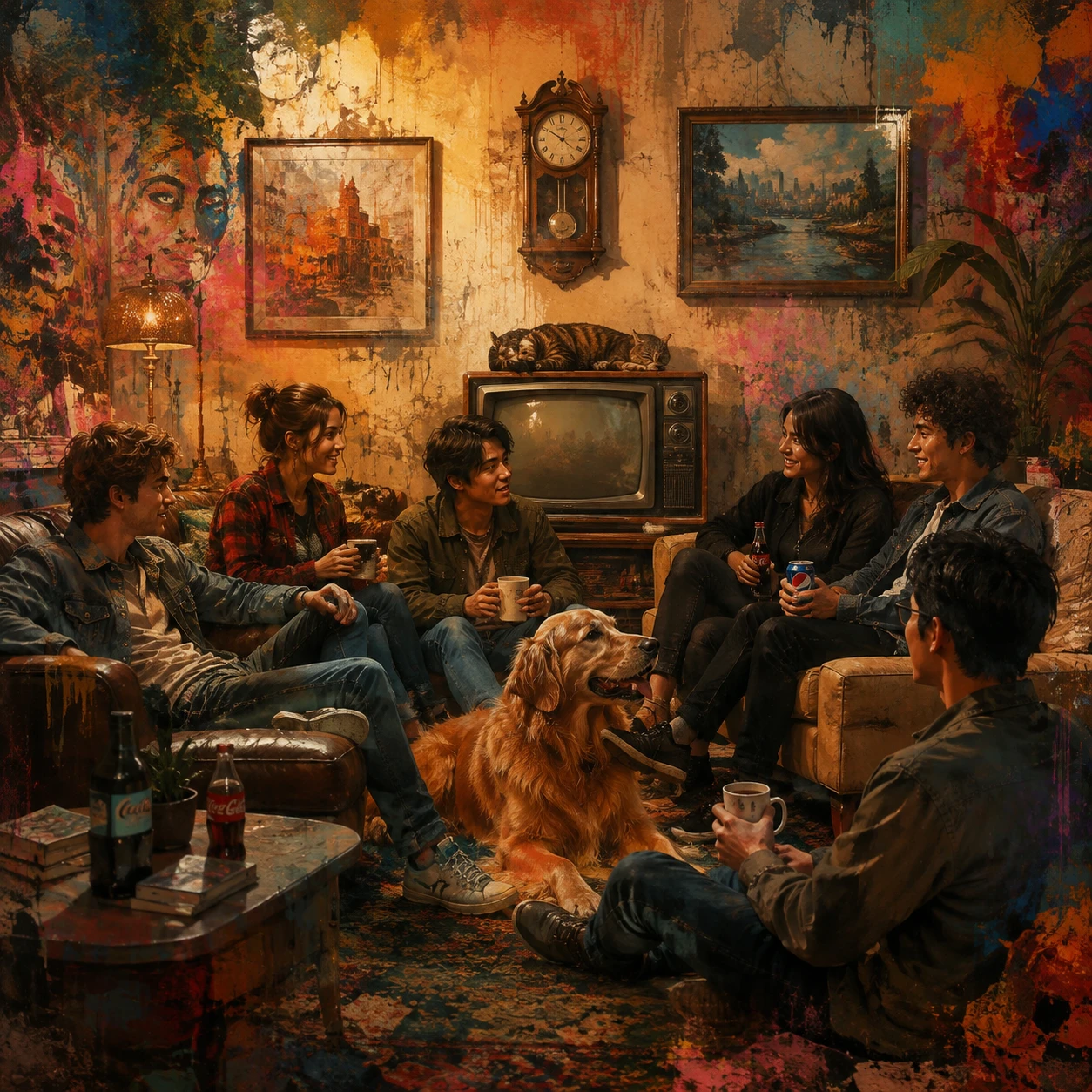 Friends relaxing with cat and dog in a cozy living room