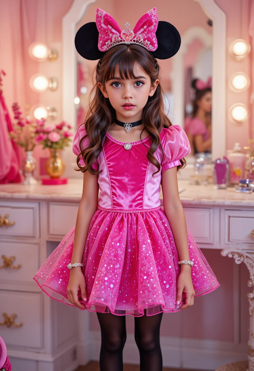 Hispanic tween boy in princess costume at vanity