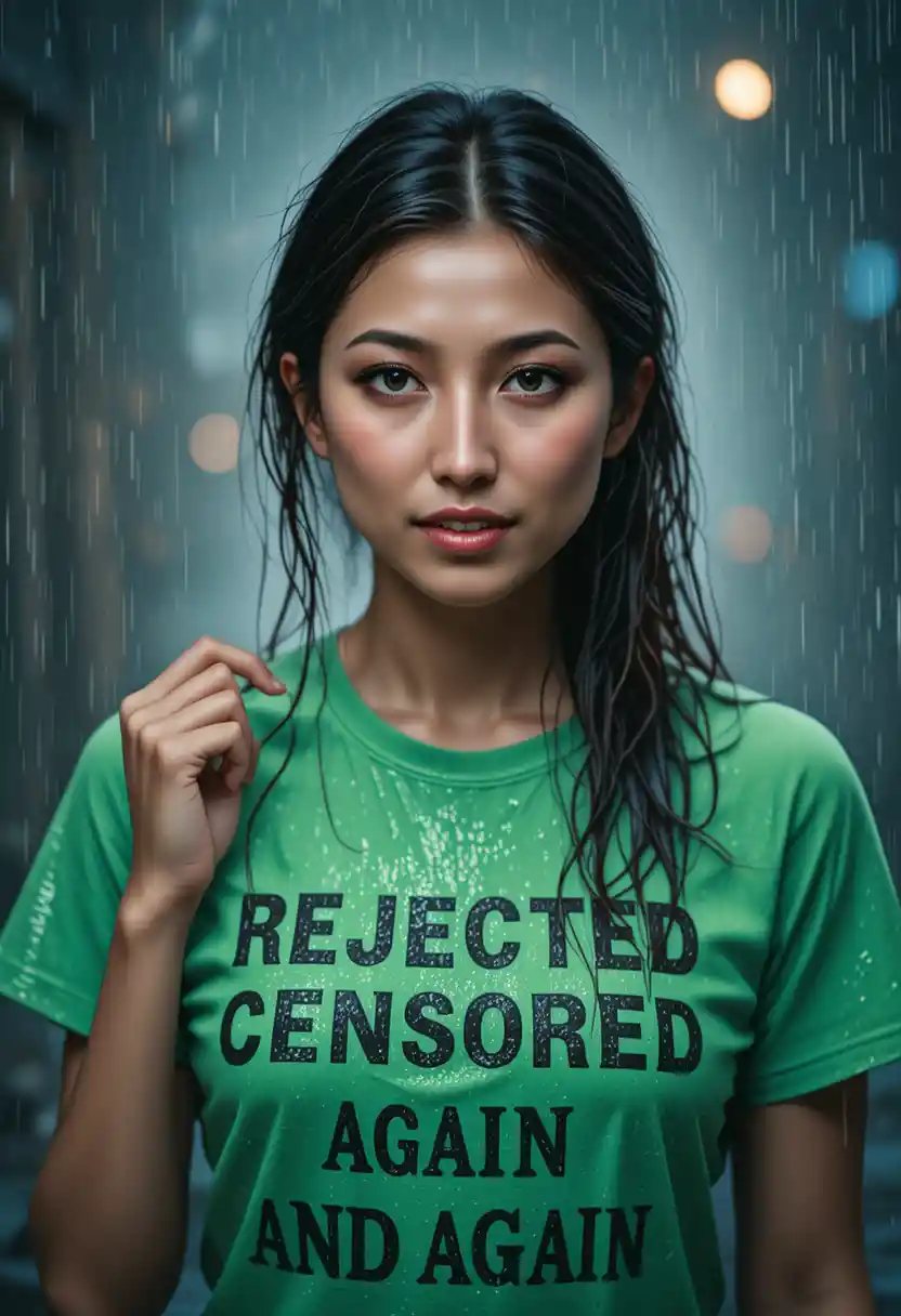 Angry woman in wet green t shirt standing in sudden rain