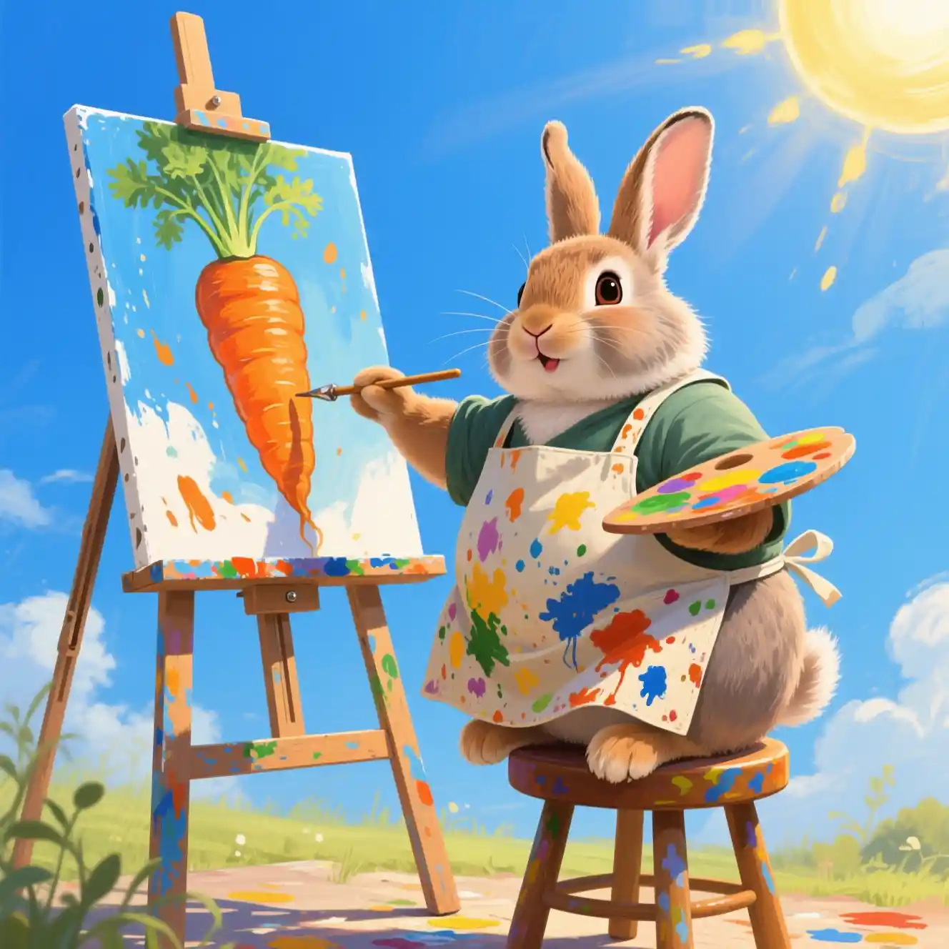 Rabbit artist painting a giant carrot on an easel