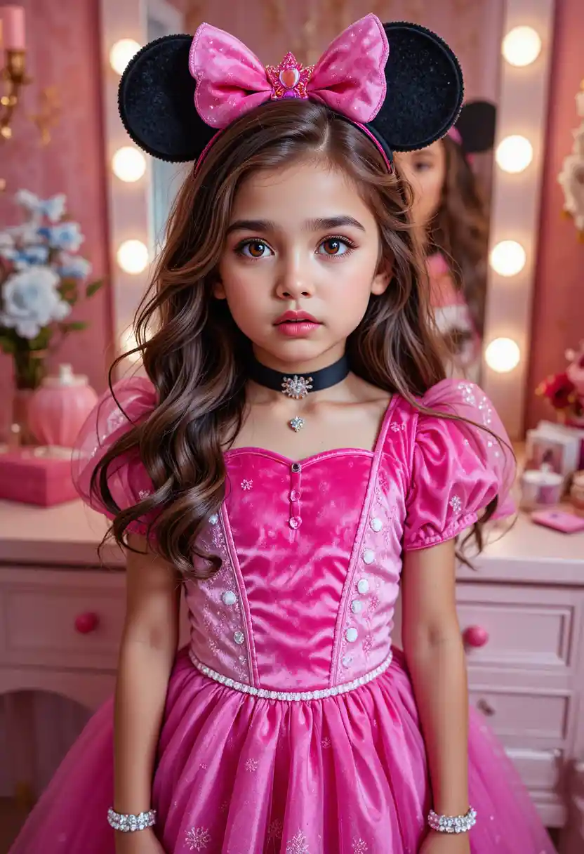 Tween boy in princess costume posing at pink vanity