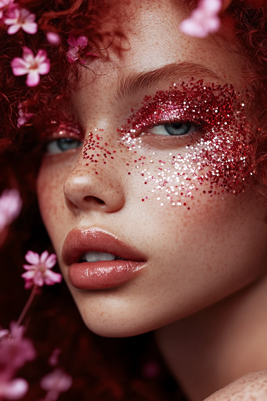Retrato de beleza fashion em close-up com maquiagem inspirada em flores