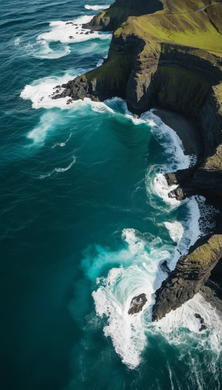 Aerial view of rugged volcanic coastline and turquoise ocean