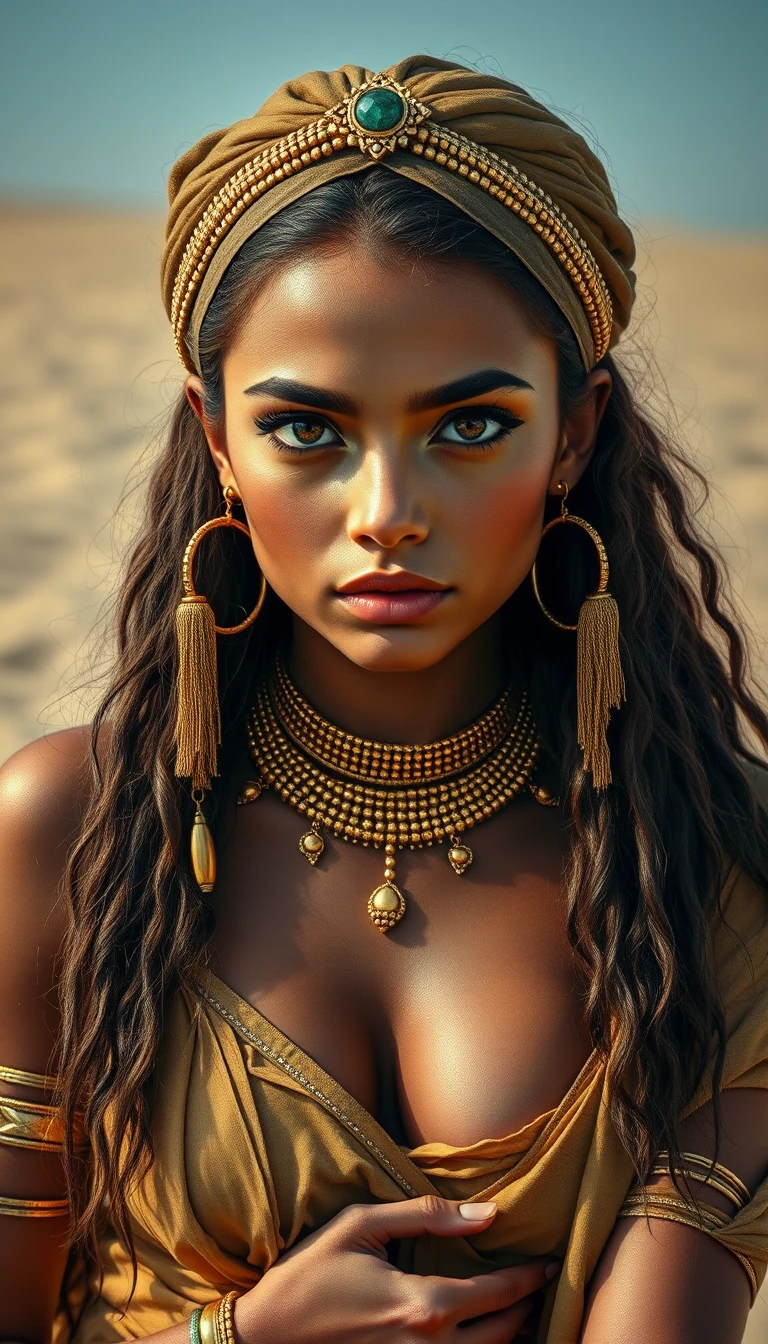 Retrato sensual no deserto de uma mulher com joias à luz do sol