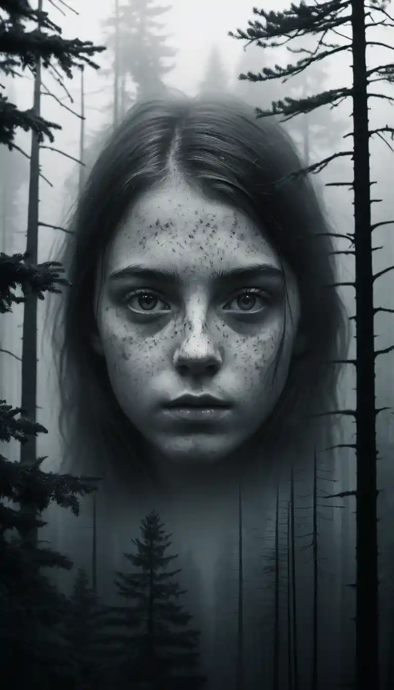 Double exposure portrait of a girl with misty forest