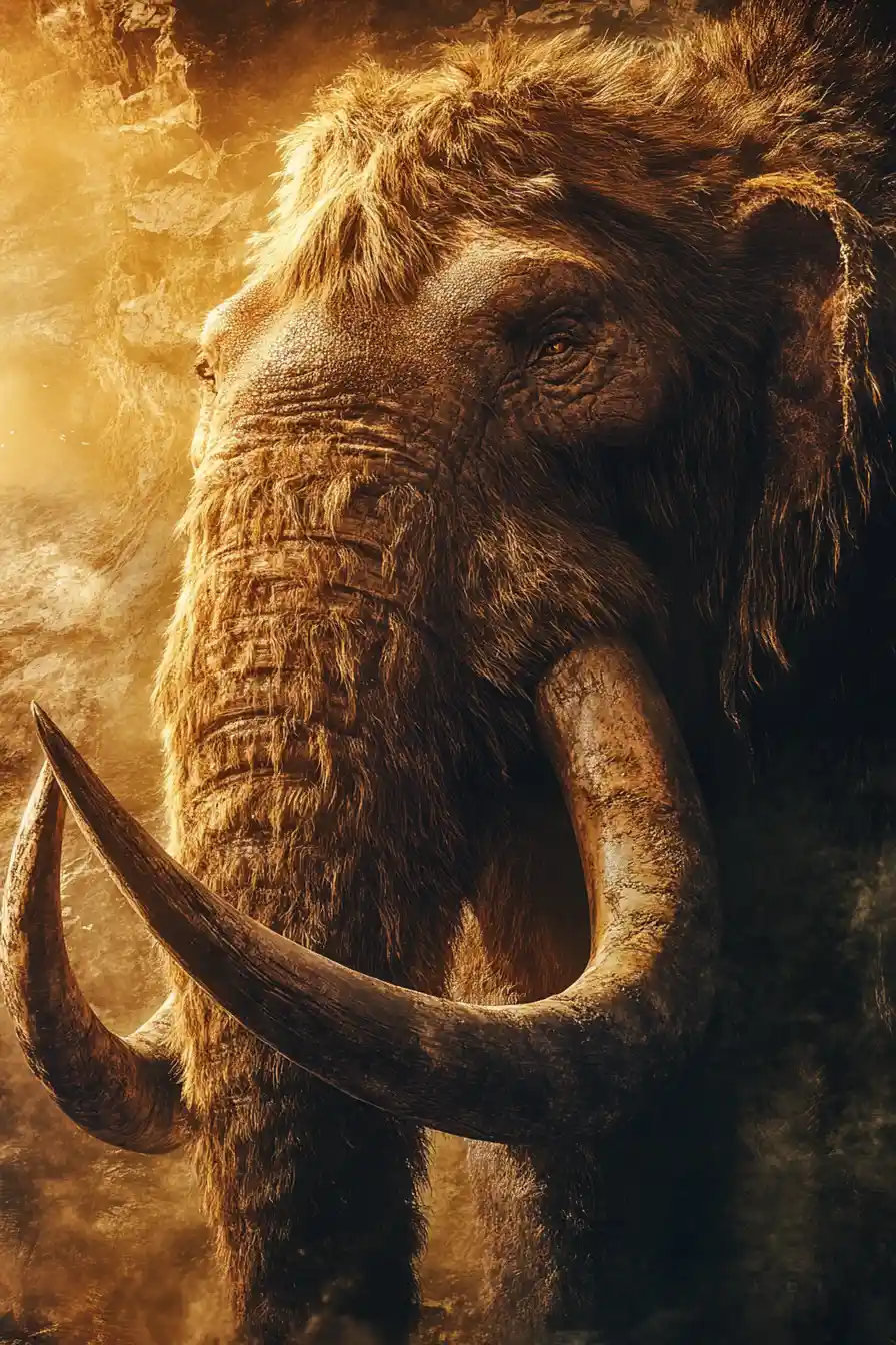 Dramatic close up portrait of a woolly mammoth head