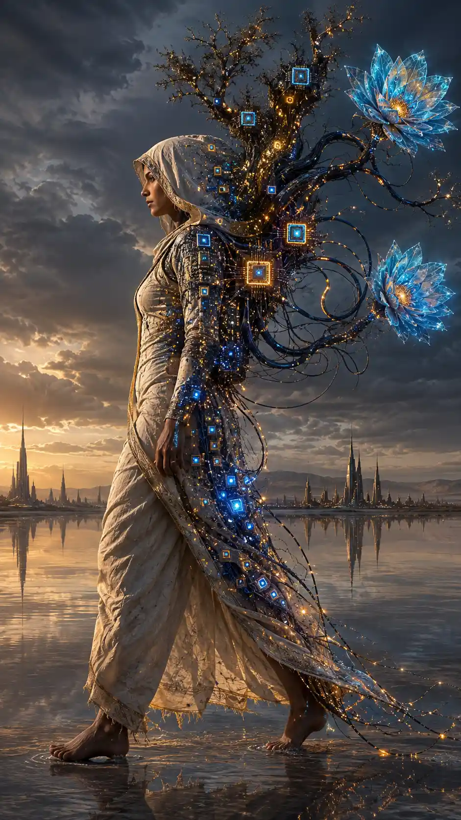 Cyborg woman walking across a mirror like desert at twilight
