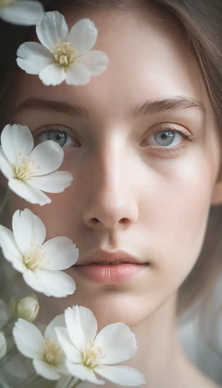 Portrait rapproché onirique d’une jeune femme avec des fleurs