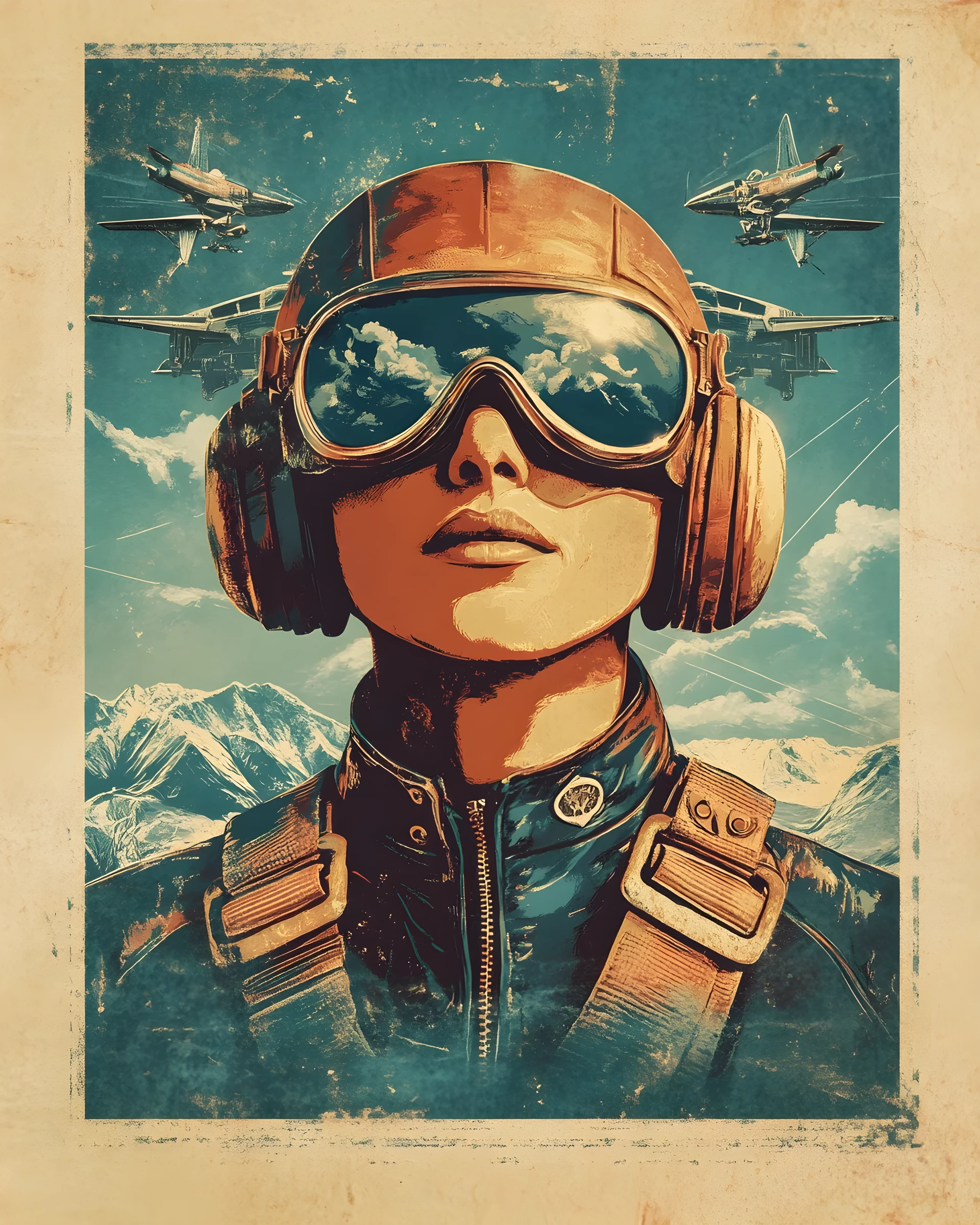 Ritratto eroico di pilota retrò in stile propaganda vintage