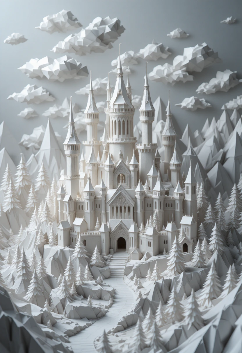 Reino medieval de origami com castelos, dragões e montanhas