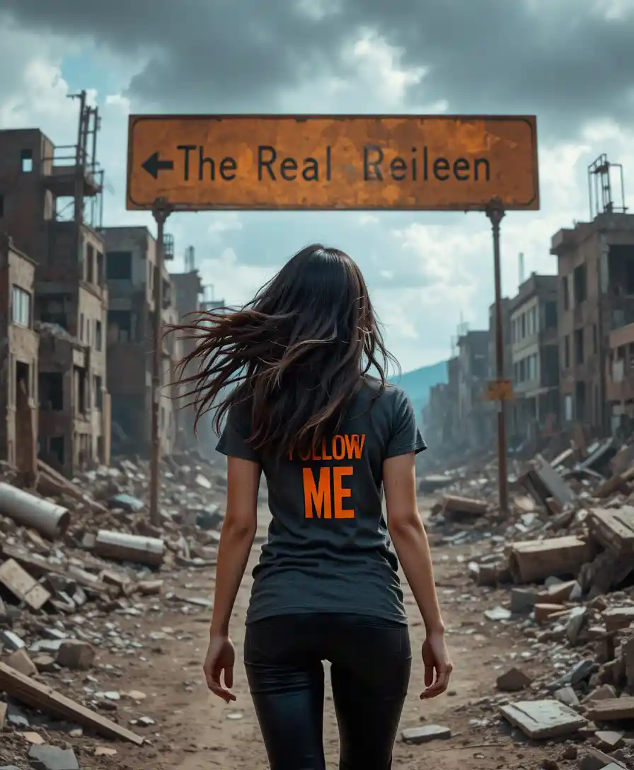 Woman walking away in ruined city with follow me shirt