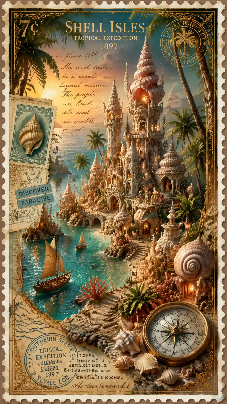 Miniature Seashell City In A Tropical Stamp Style Scene