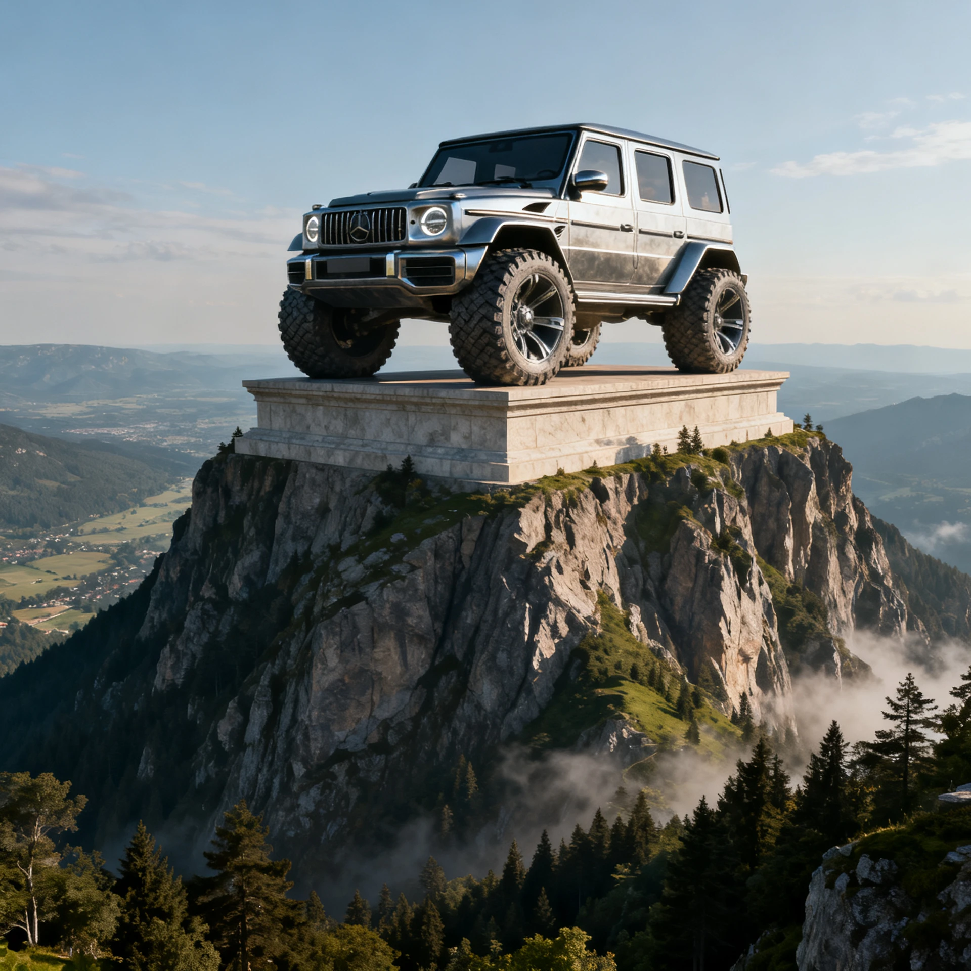 Monumento de carro off-road futurista no topo de um pico de montanha natural
