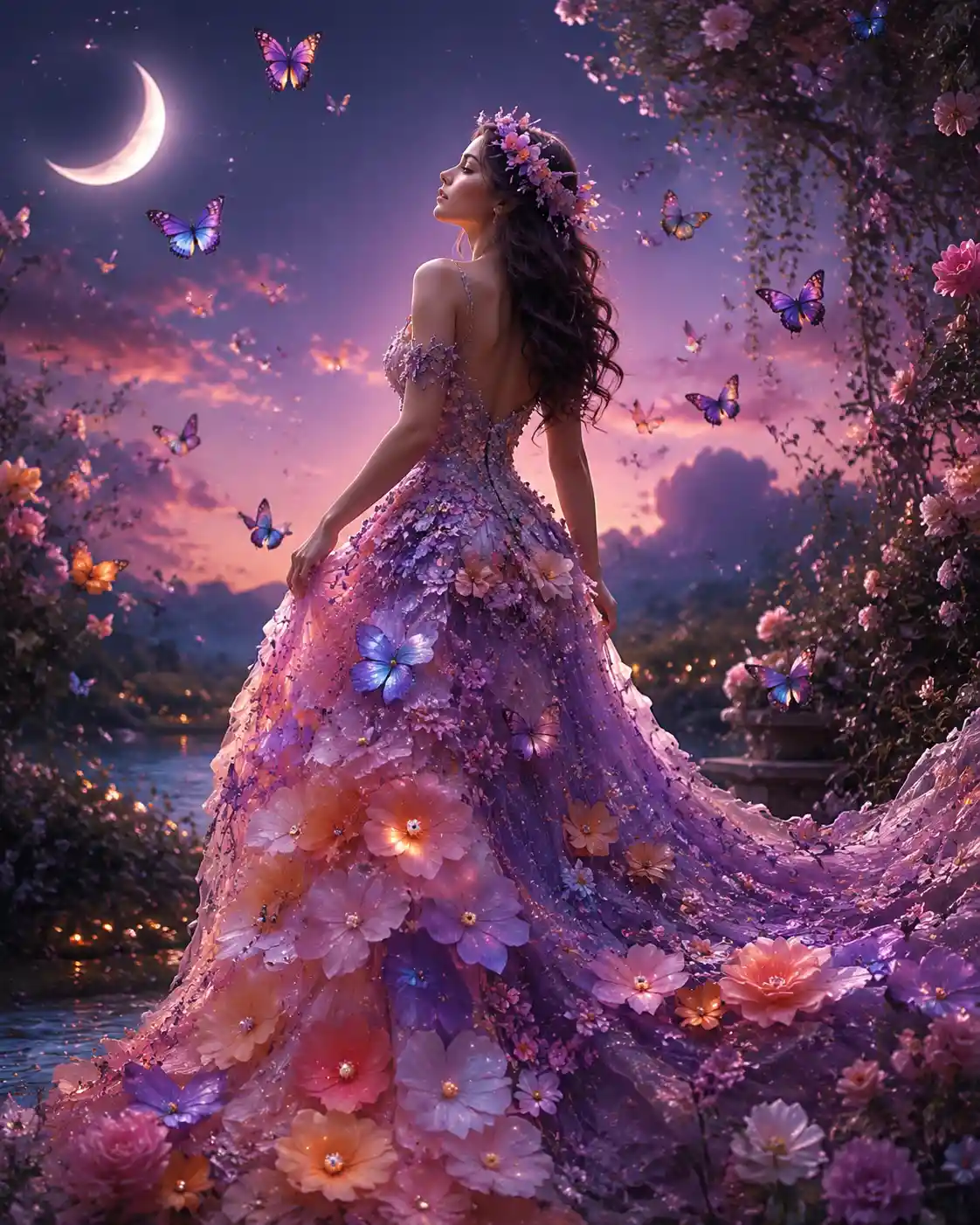 Mystical woman in a moonlit garden of petals and butterflies