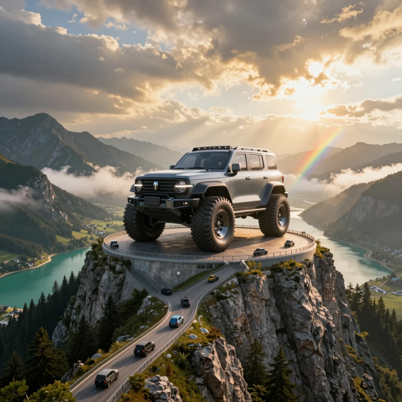 Monumento gigantesco de coche futurista en la cima de una montaña al amanecer